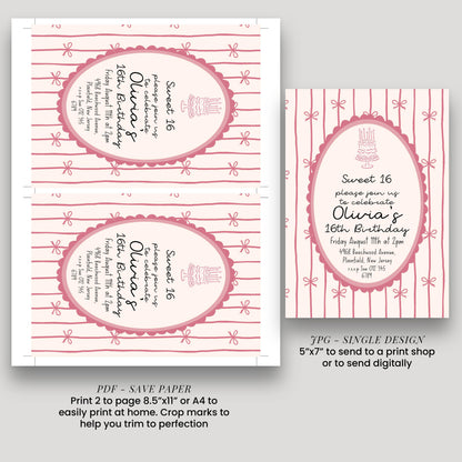 16th Birthday Invitation, Pink Bow Invite, Sweet 16 Coquette Birthday Party Invite, Pink Ribbon, Elegant Girls Party Printable Template