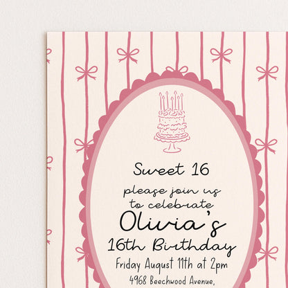 16th Birthday Invitation, Pink Bow Invite, Sweet 16 Coquette Birthday Party Invite, Pink Ribbon, Elegant Girls Party Printable Template