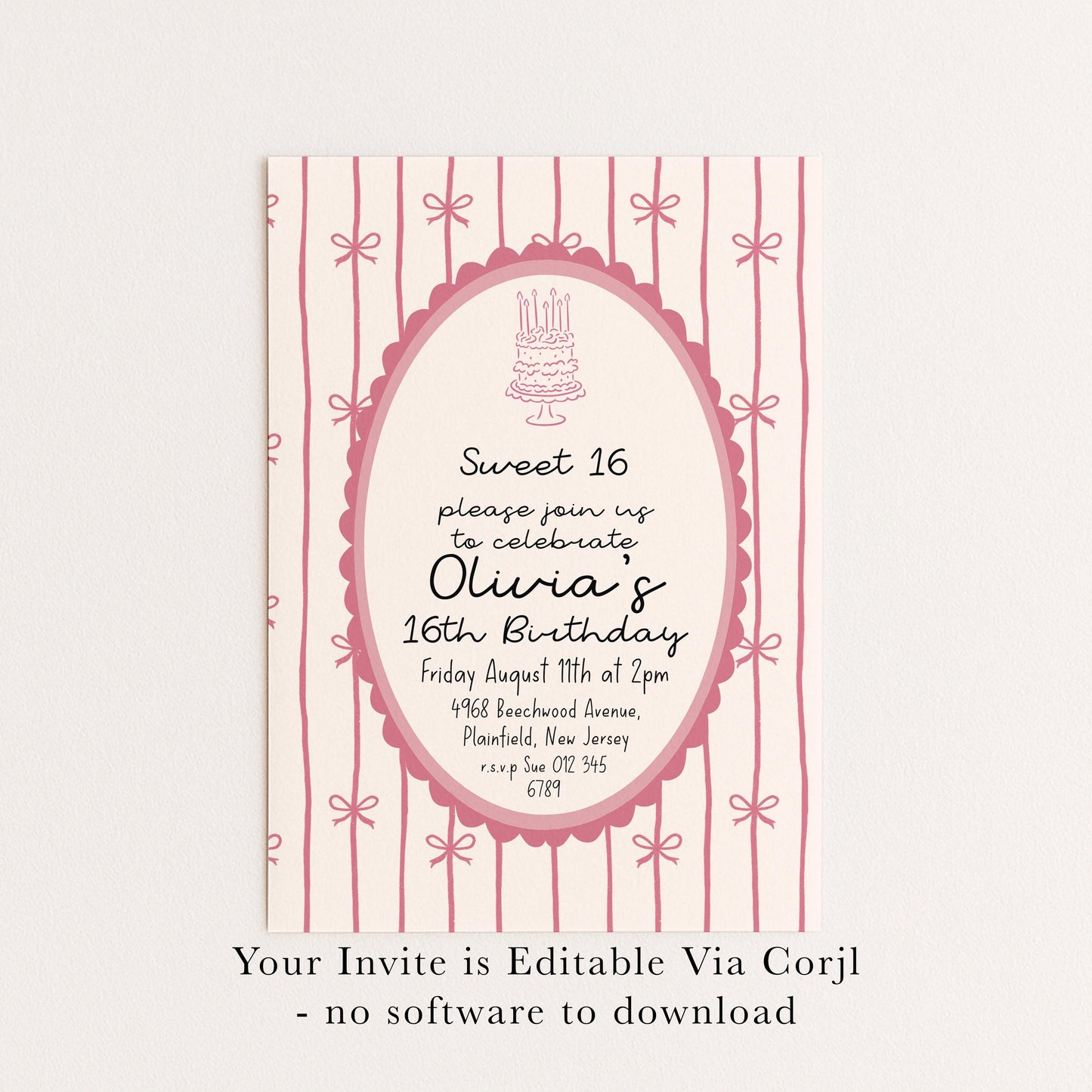 16th Birthday Invitation, Pink Bow Invite, Sweet 16 Coquette Birthday Party Invite, Pink Ribbon, Elegant Girls Party Printable Template
