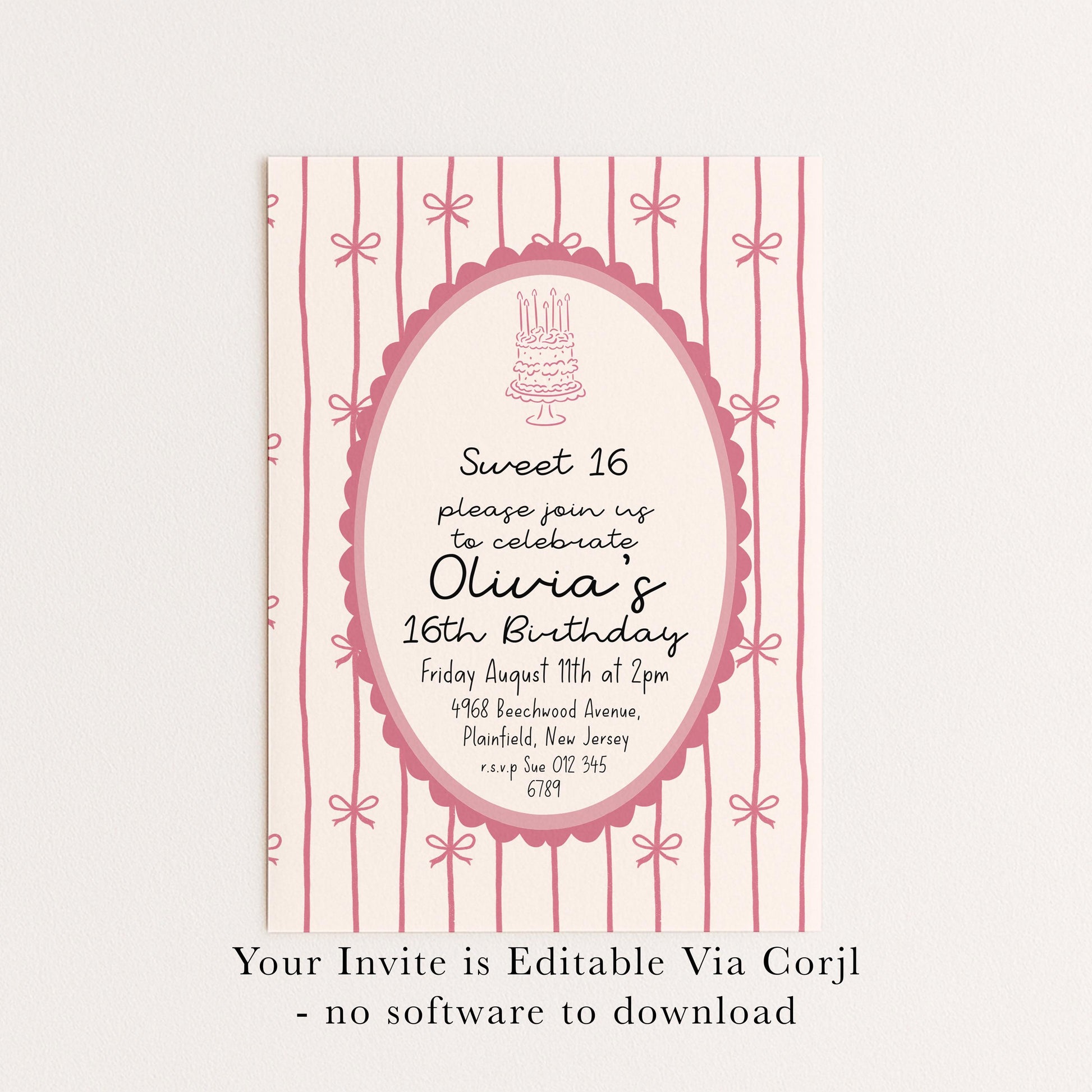 16th Birthday Invitation, Pink Bow Invite, Sweet 16 Coquette Birthday Party Invite, Pink Ribbon, Elegant Girls Party Printable Template