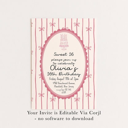 16th Birthday Invitation, Pink Bow Invite, Sweet 16 Coquette Birthday Party Invite, Pink Ribbon, Elegant Girls Party Printable Template