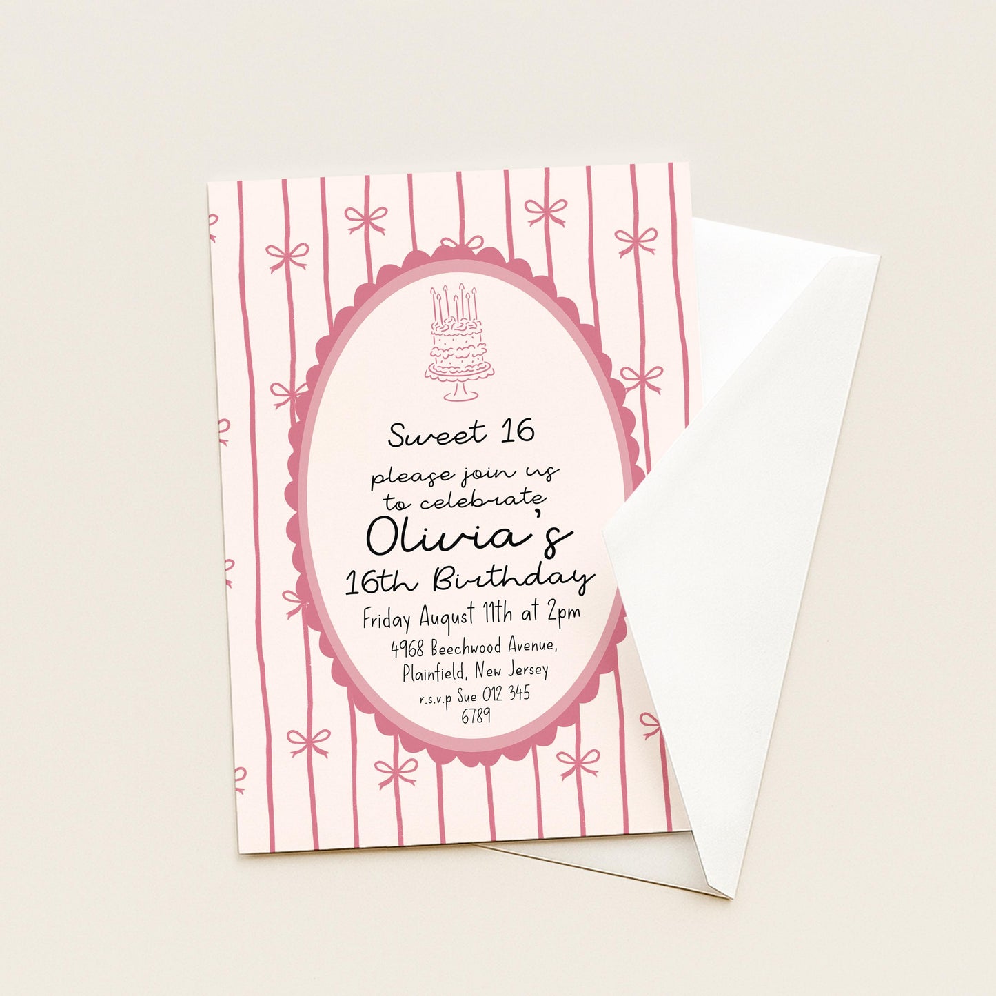 16th Birthday Invitation, Pink Bow Invite, Sweet 16 Coquette Birthday Party Invite, Pink Ribbon, Elegant Girls Party Printable Template