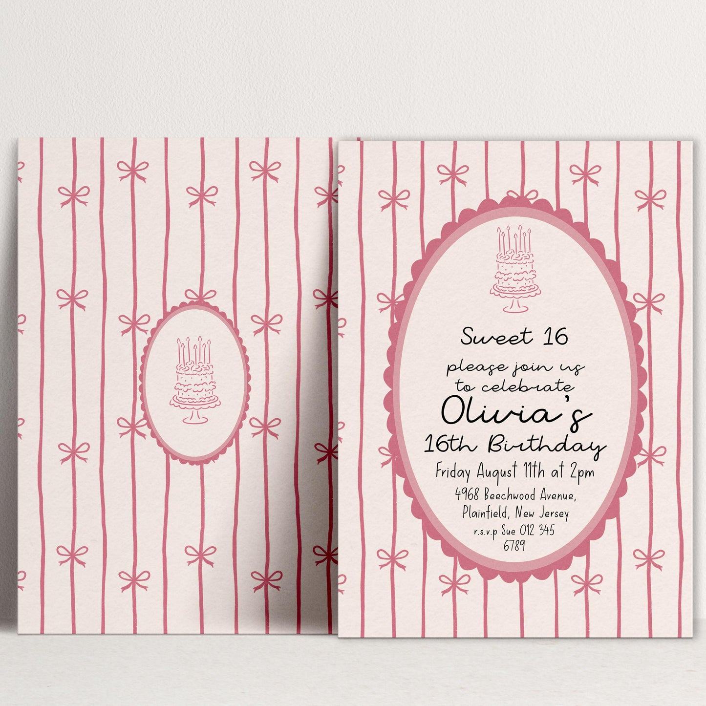 16th Birthday Invitation, Pink Bow Invite, Sweet 16 Coquette Birthday Party Invite, Pink Ribbon, Elegant Girls Party Printable Template