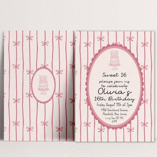 16th Birthday Invitation, Pink Bow Invite, Sweet 16 Coquette Birthday Party Invite, Pink Ribbon, Elegant Girls Party Printable Template