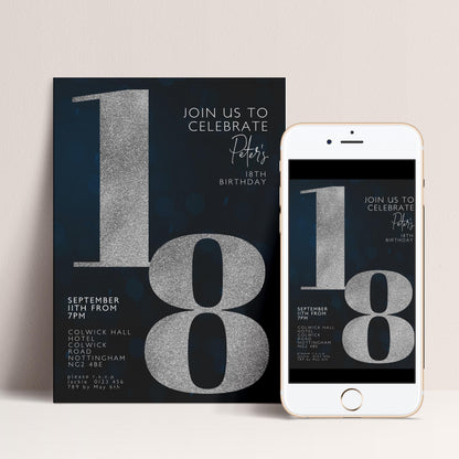 18th Birthday Invitation for Men Black Silver Editable Eighteen For Him Boys Men Template Corjl Instant Download
