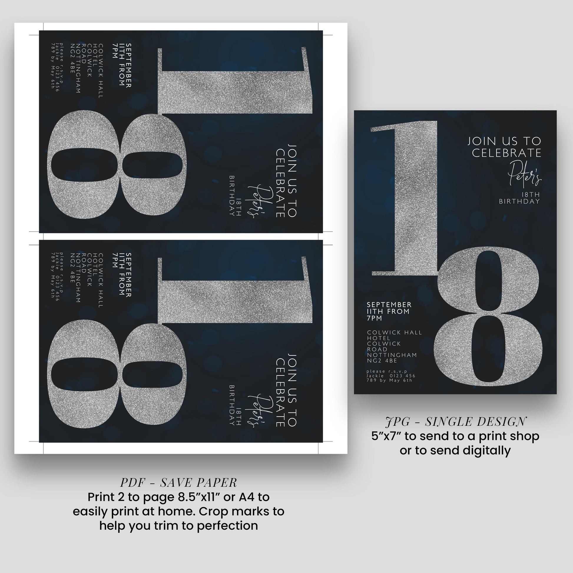 18th Birthday Invitation for Men Black Silver Editable Eighteen For Him Boys Men Template Corjl Instant Download