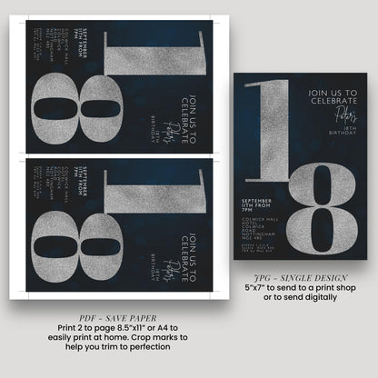 18th Birthday Invitation for Men Black Silver Editable Eighteen For Him Boys Men Template Corjl Instant Download