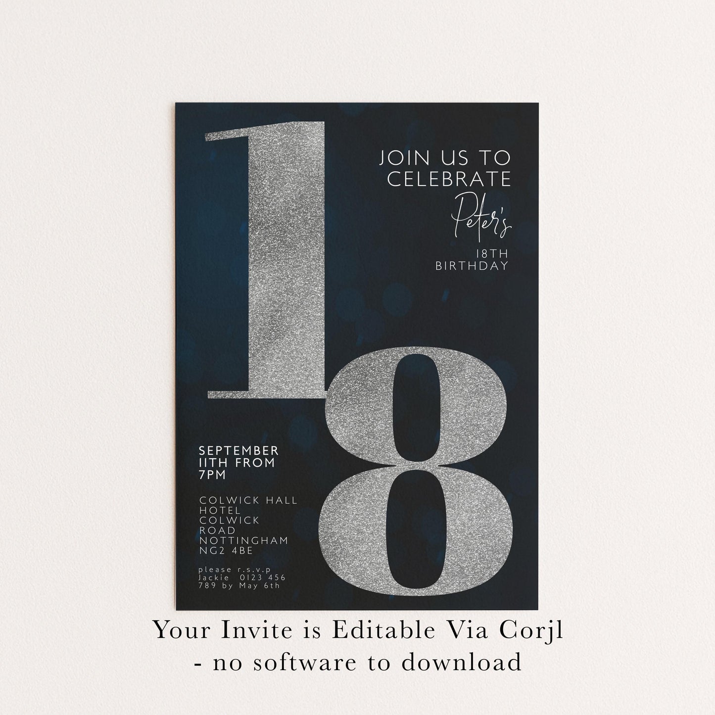 18th Birthday Invitation for Men Black Silver Editable Eighteen For Him Boys Men Template Corjl Instant Download