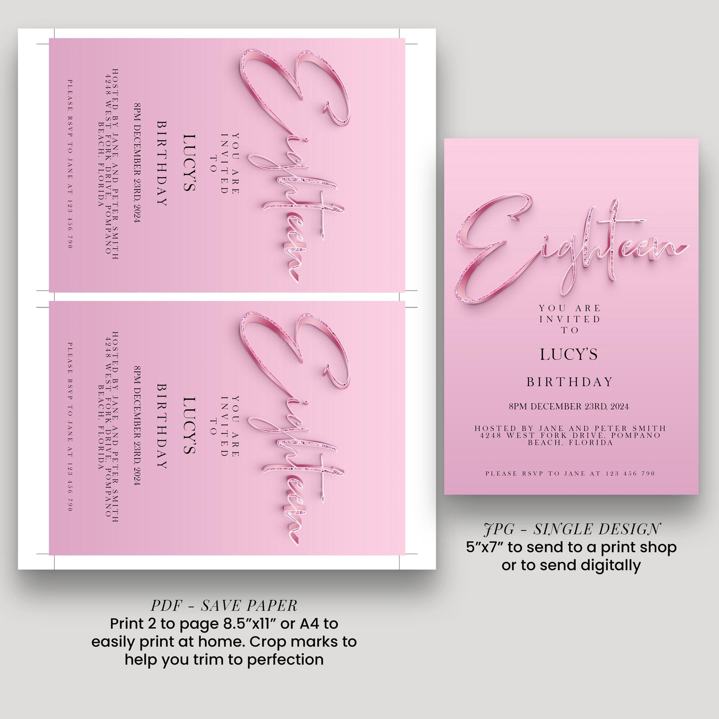 18th Birthday Invitation Editable invite Pink Sparkly invitation Simple Elegant For Her Instant Download Printable SPK