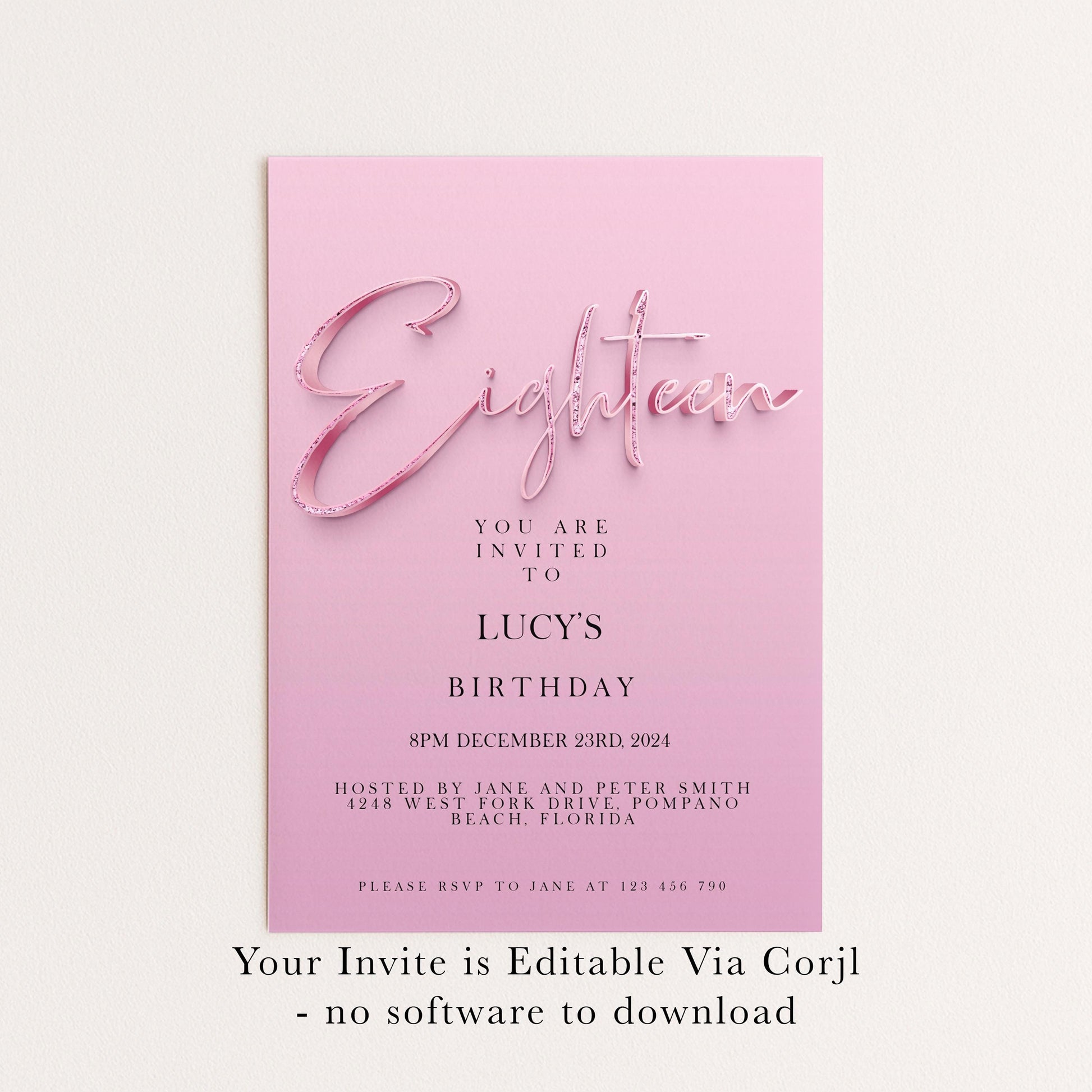 18th Birthday Invitation Editable invite Pink Sparkly invitation Simple Elegant For Her Instant Download Printable SPK