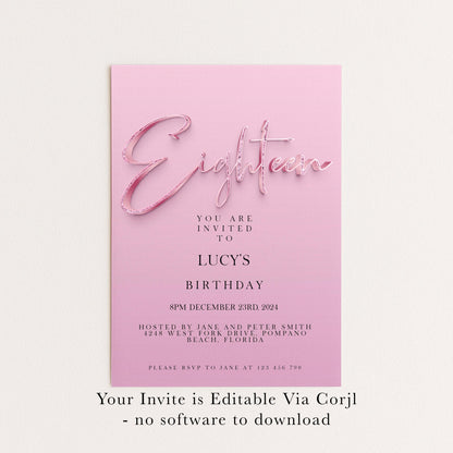 18th Birthday Invitation Editable invite Pink Sparkly invitation Simple Elegant For Her Instant Download Printable SPK