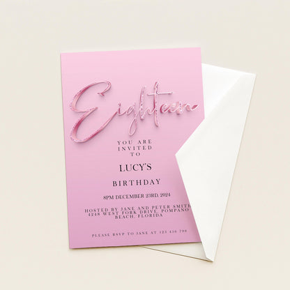 18th Birthday Invitation Editable invite Pink Sparkly invitation Simple Elegant For Her Instant Download Printable SPK