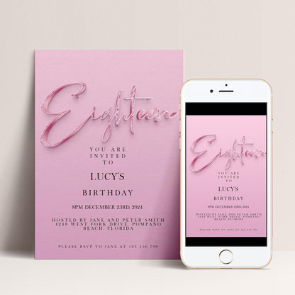 18th Birthday Invitation Editable invite Pink Sparkly invitation Simple Elegant For Her Instant Download Printable SPK
