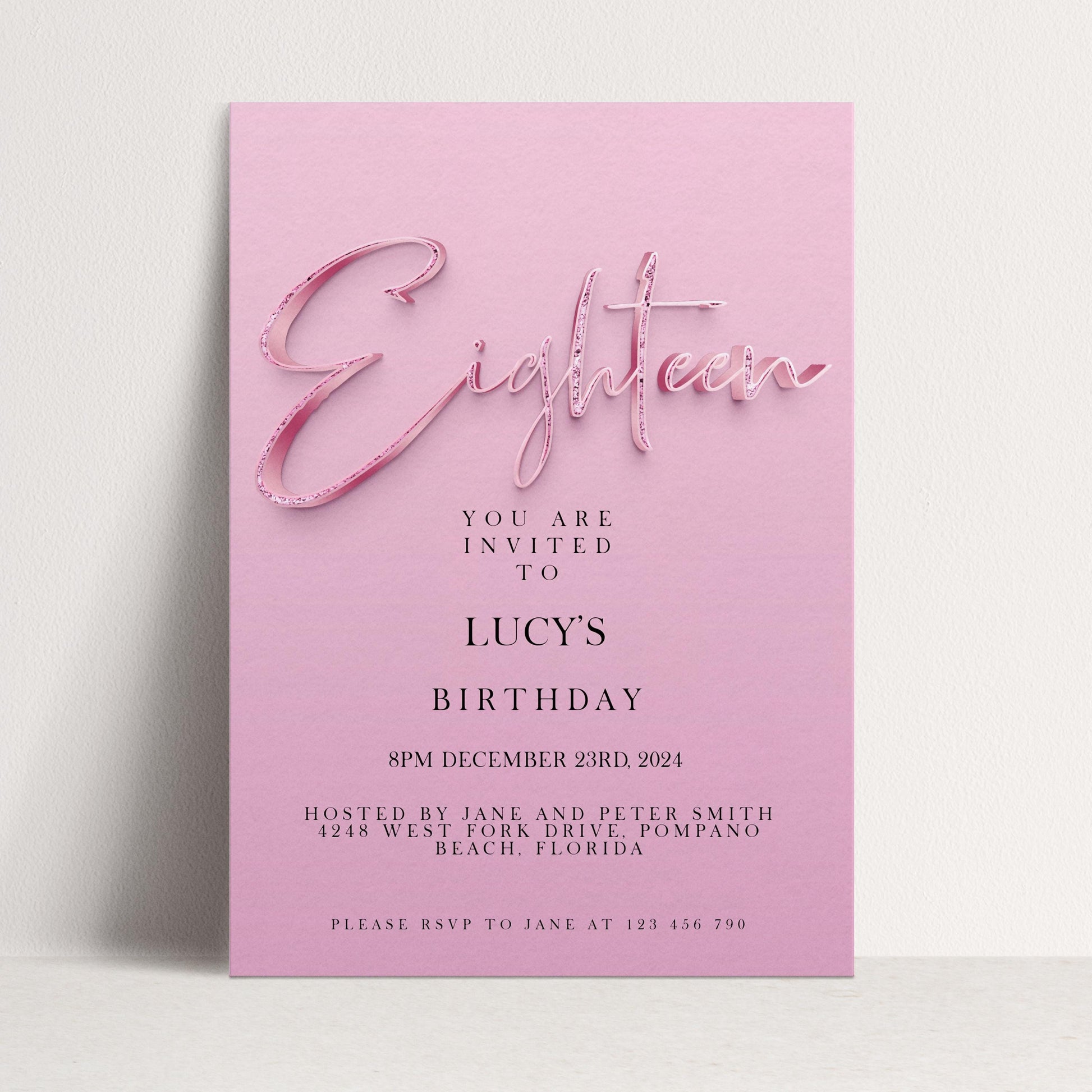 18th Birthday Invitation Editable invite Pink Sparkly invitation Simple Elegant For Her Instant Download Printable SPK