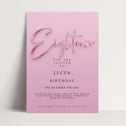 18th Birthday Invitation Editable invite Pink Sparkly invitation Simple Elegant For Her Instant Download Printable SPK