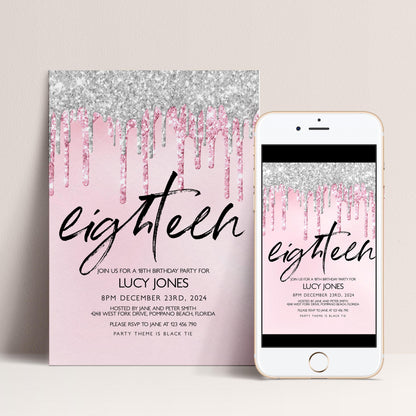 a pink invitation card and a smartphone displaying an invitation for a 16th birthday party for Lucy Jones.