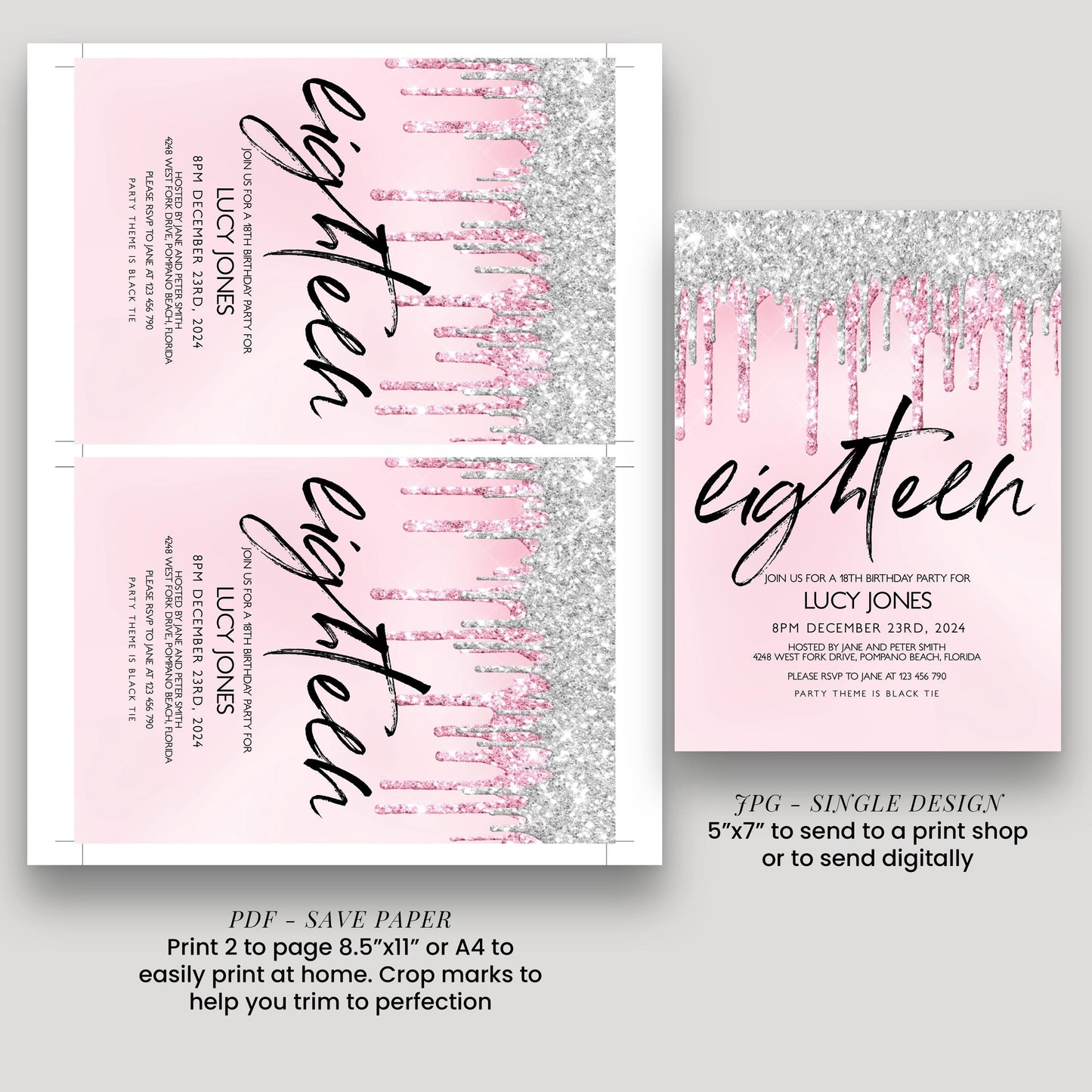 a pink invitation card with a glittery design, and a single design invitation card with a pink background and glittery design.