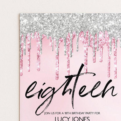 The image is a pink invitation card for a 18th birthday party, featuring a glittery pink and silver design with the text "eighthteen" prominently displayed.