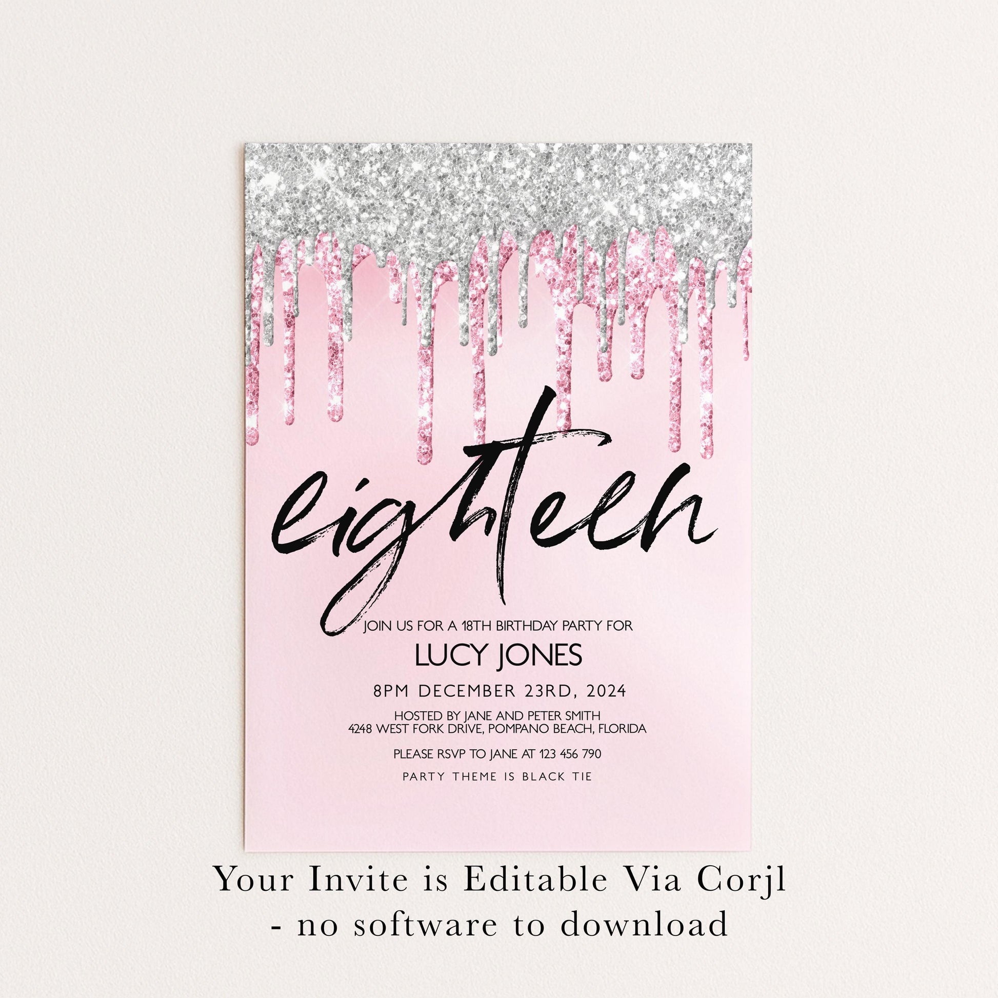 The image is a pink invitation card for a 18th birthday party, featuring a glittery design and text inviting guests to a birthday celebration for Lucy Jones.