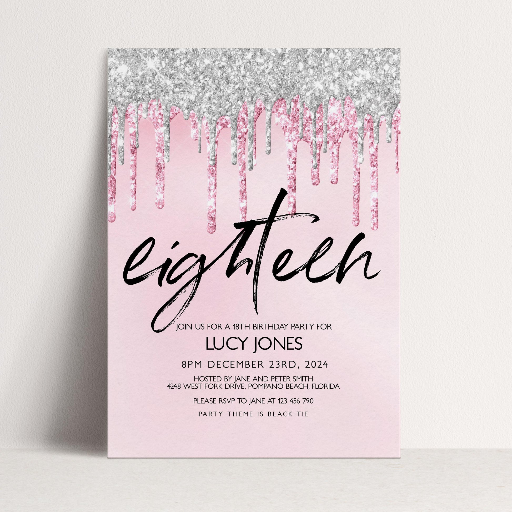 The image is a pink invitation card for a birthday party for a teenager named Lucy Jones.