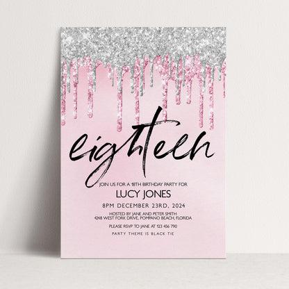 The image is a pink invitation card for a birthday party for a teenager named Lucy Jones.