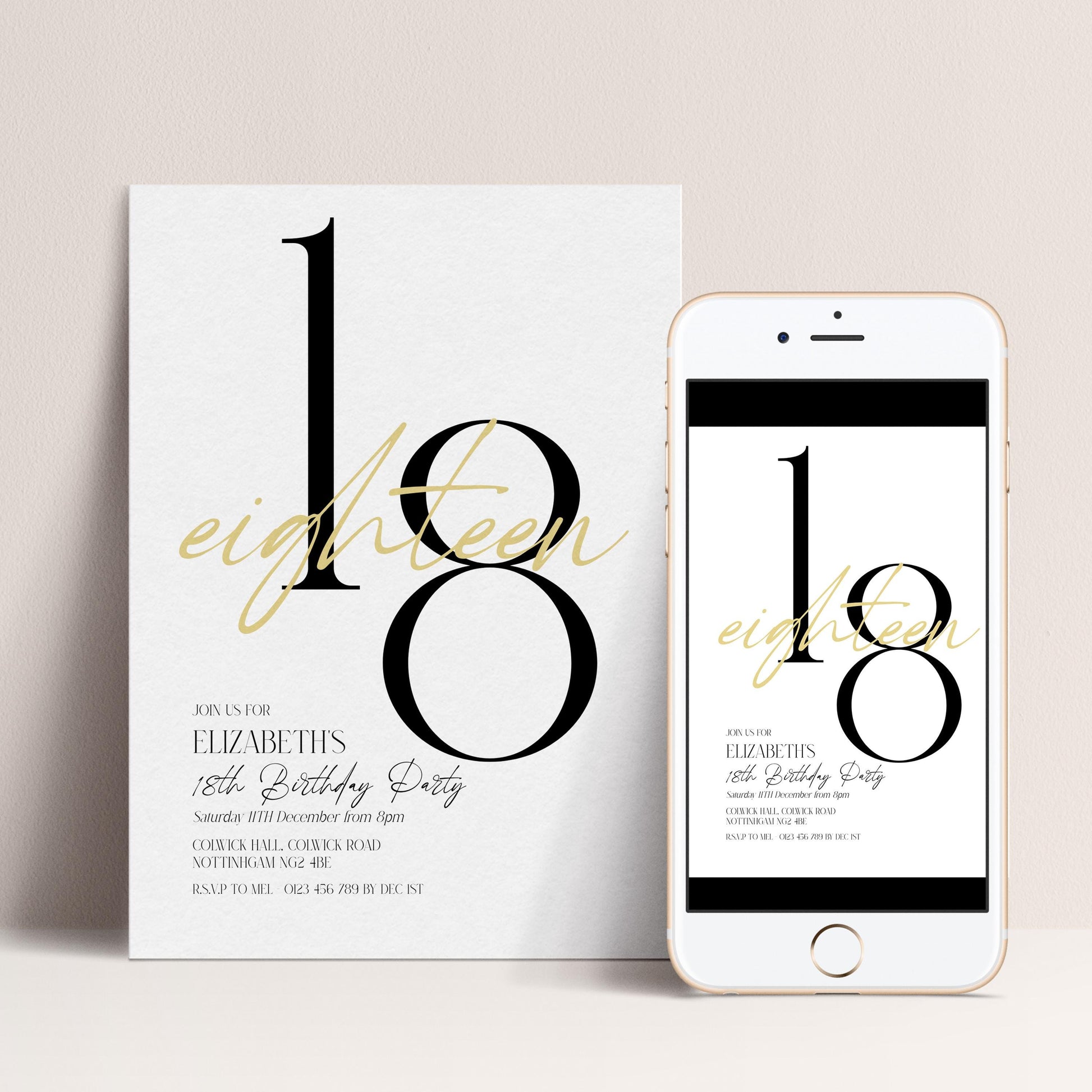 18th Birthday Invitation Woman, White Gold 18th Party Invite, Elegant Milestone Birthday Invite, Editable Corjl Template