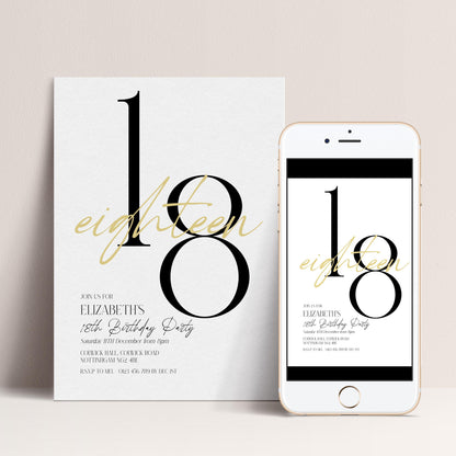 18th Birthday Invitation Woman, White Gold 18th Party Invite, Elegant Milestone Birthday Invite, Editable Corjl Template