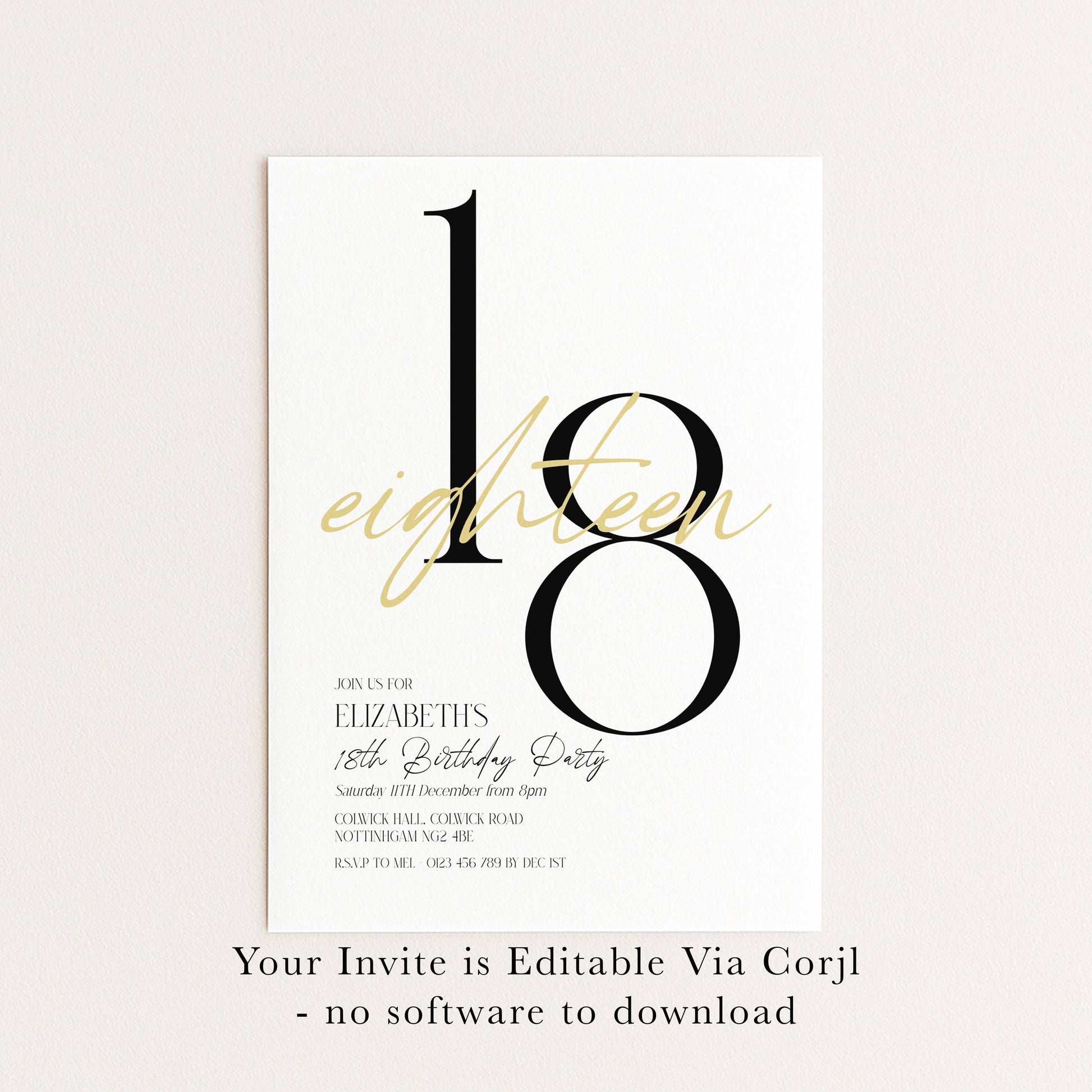 18th Birthday Invitation Woman, White Gold 18th Party Invite, Elegant Milestone Birthday Invite, Editable Corjl Template