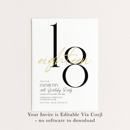 18th Birthday Invitation Woman, White Gold 18th Party Invite, Elegant Milestone Birthday Invite, Editable Corjl Template