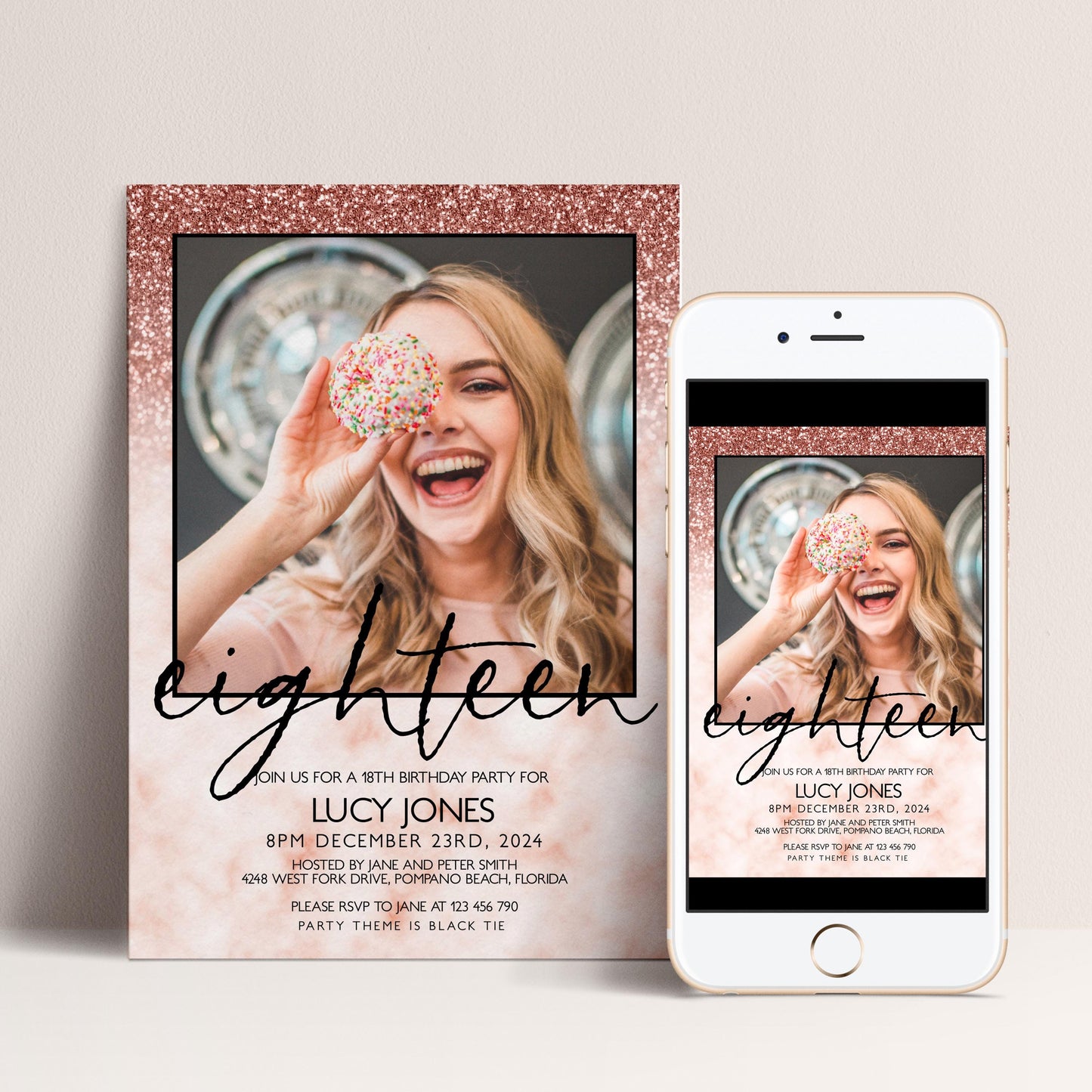Editable 18th Birthday party Invitation Add Photo 18th Invite Rose Gold Glitter Marble Instant Download Editable template Corjl Invitation