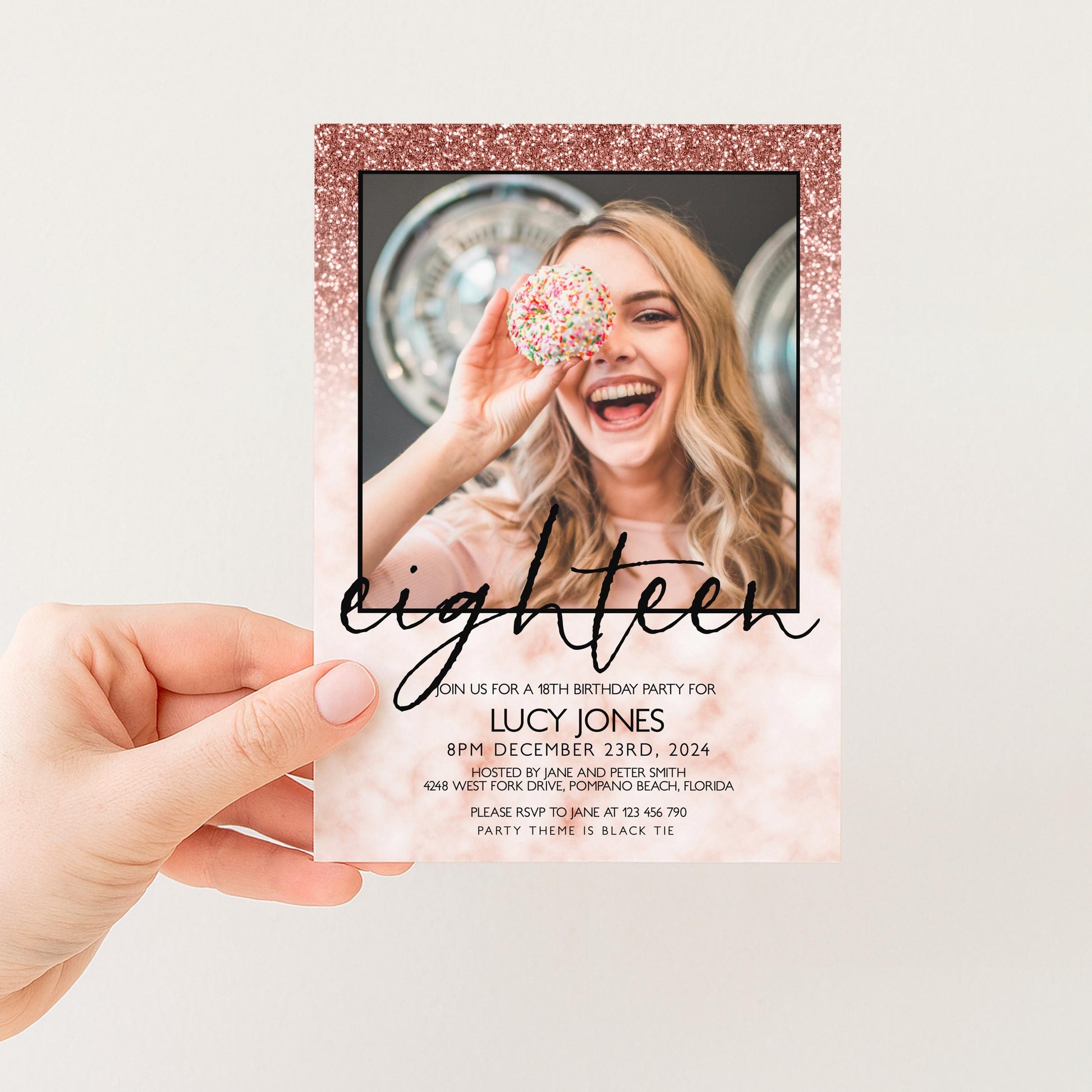 Editable 18th Birthday party Invitation Add Photo 18th Invite Rose Gold Glitter Marble Instant Download Editable template Corjl Invitation