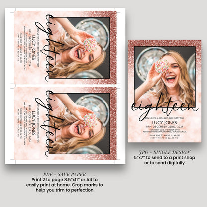 Editable 18th Birthday party Invitation Add Photo 18th Invite Rose Gold Glitter Marble Instant Download Editable template Corjl Invitation