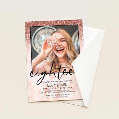 Editable 18th Birthday party Invitation Add Photo 18th Invite Rose Gold Glitter Marble Instant Download Editable template Corjl Invitation