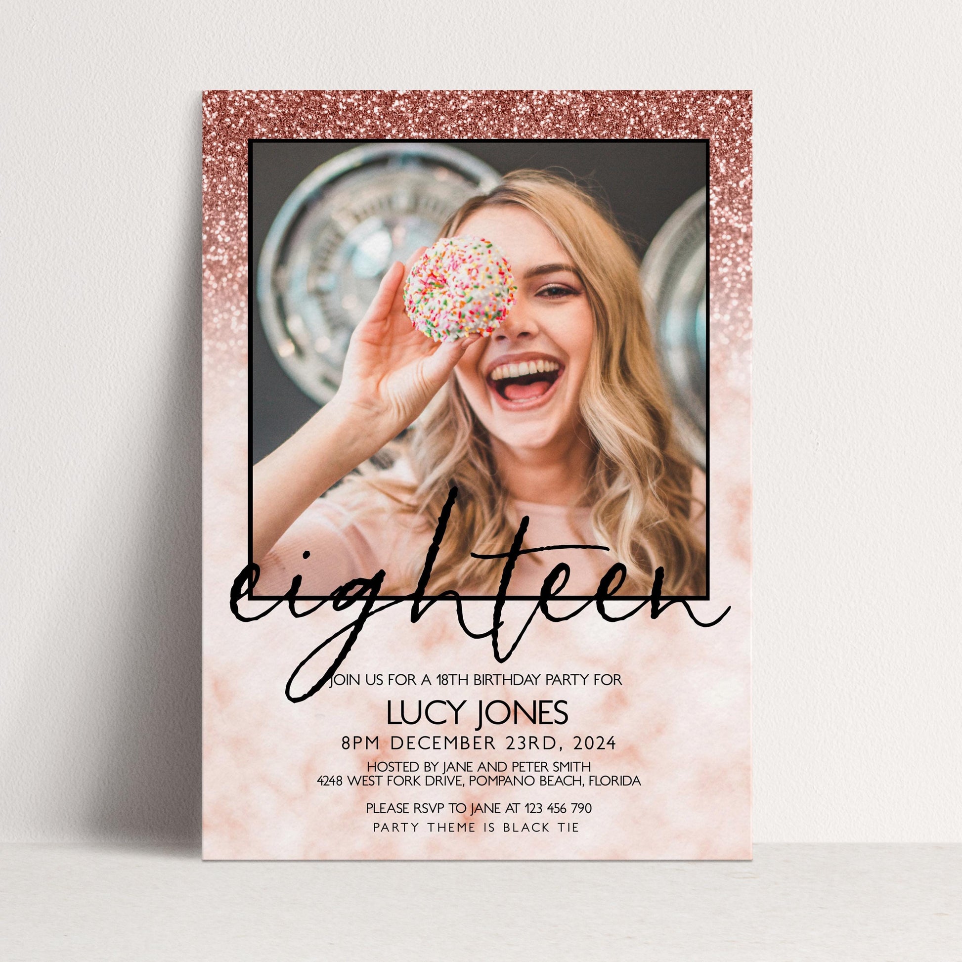 Editable 18th Birthday party Invitation Add Photo 18th Invite Rose Gold Glitter Marble Instant Download Editable template Corjl Invitation