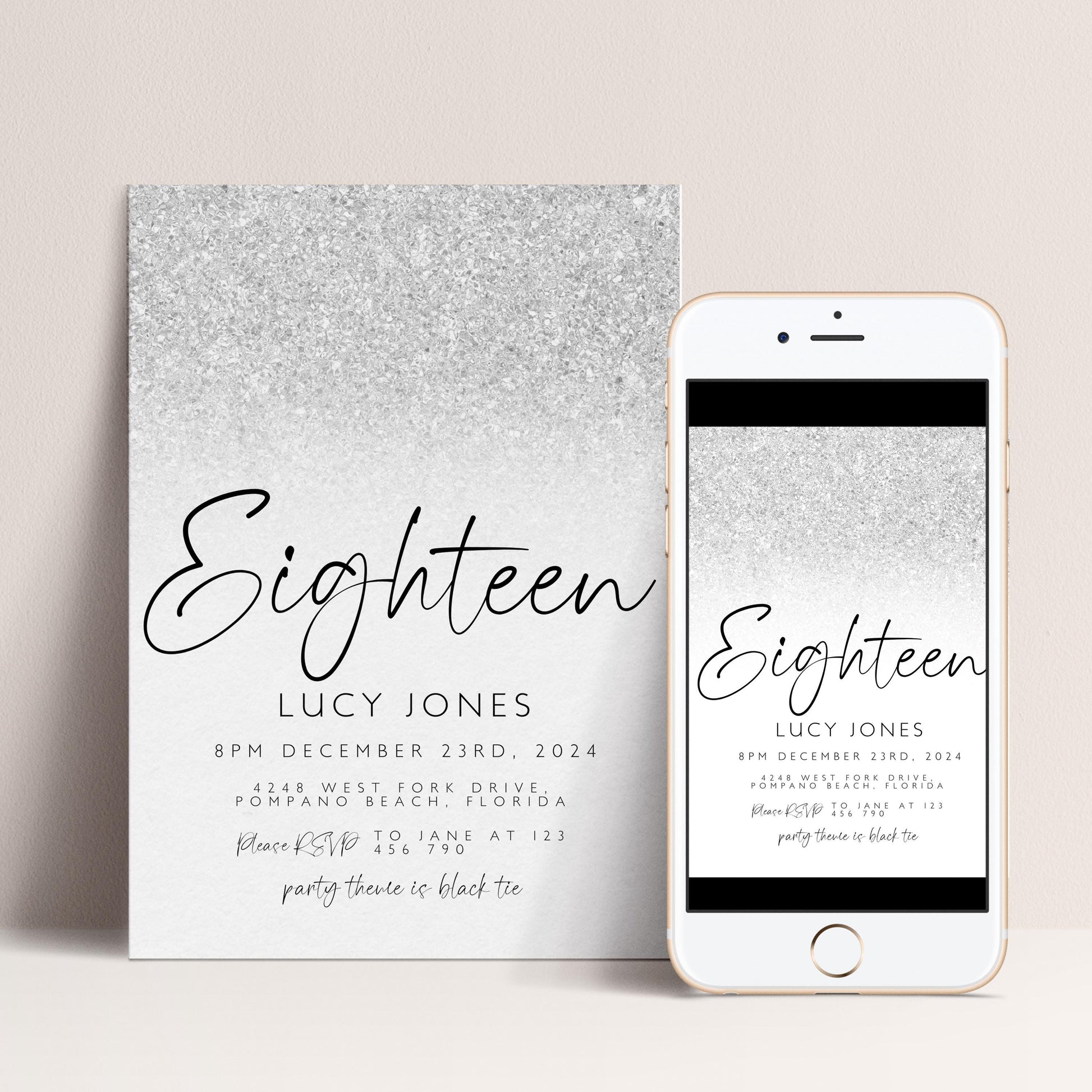 Editable 18th Birthday party Invitation 18th Invite Silver White Simple Glitter Any Age Instant Download Editable template Corjl Invitation