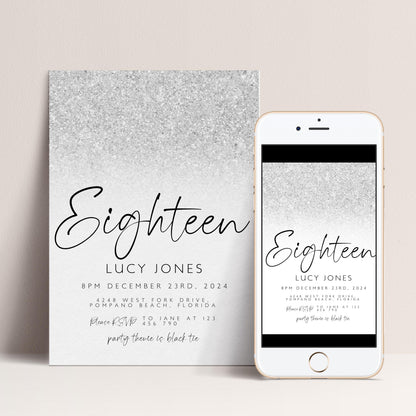 Editable 18th Birthday party Invitation 18th Invite Silver White Simple Glitter Any Age Instant Download Editable template Corjl Invitation