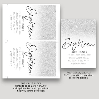 Editable 18th Birthday party Invitation 18th Invite Silver White Simple Glitter Any Age Instant Download Editable template Corjl Invitation
