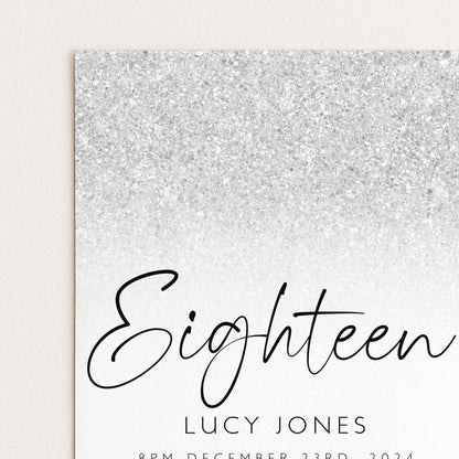 Editable 18th Birthday party Invitation 18th Invite Silver White Simple Glitter Any Age Instant Download Editable template Corjl Invitation