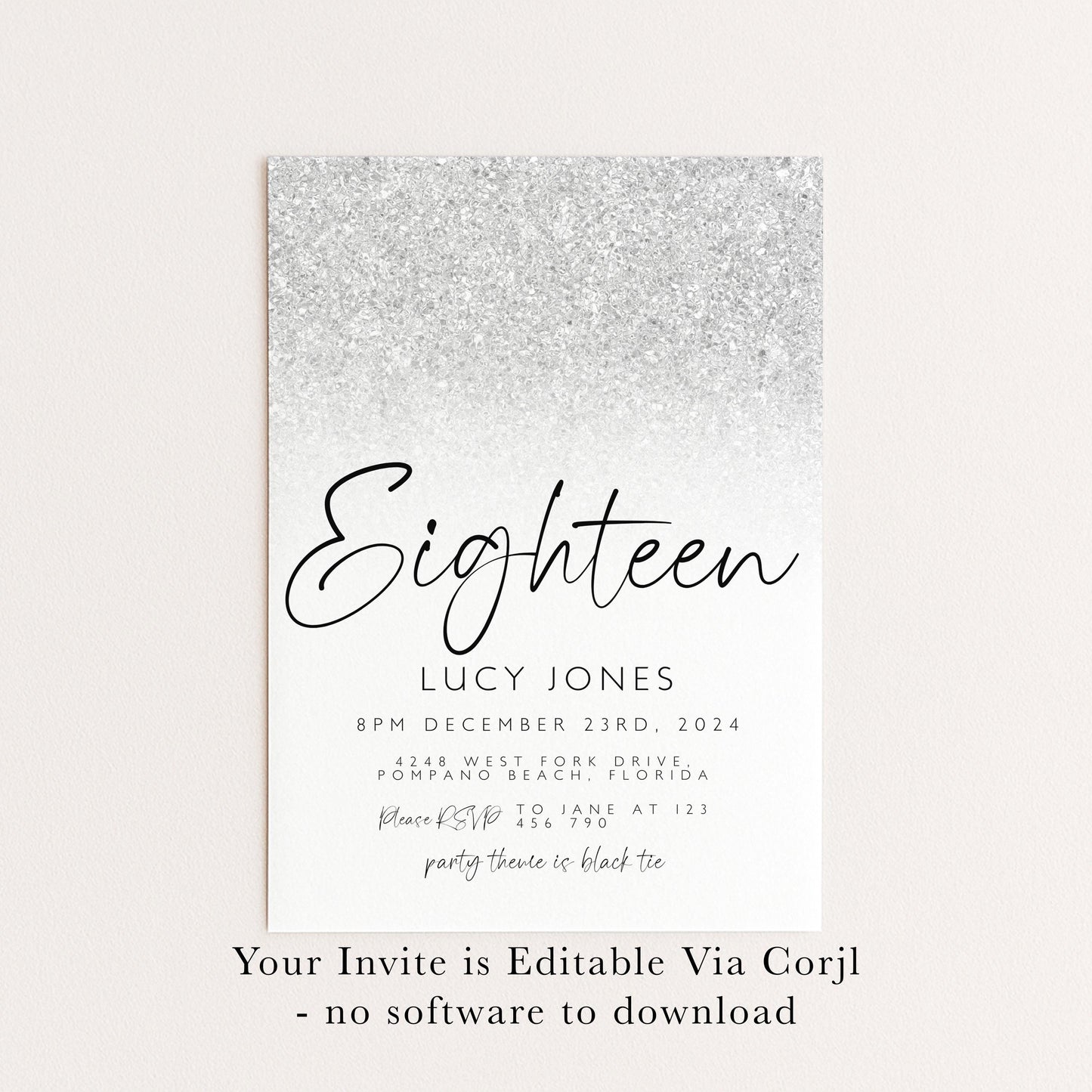 Editable 18th Birthday party Invitation 18th Invite Silver White Simple Glitter Any Age Instant Download Editable template Corjl Invitation