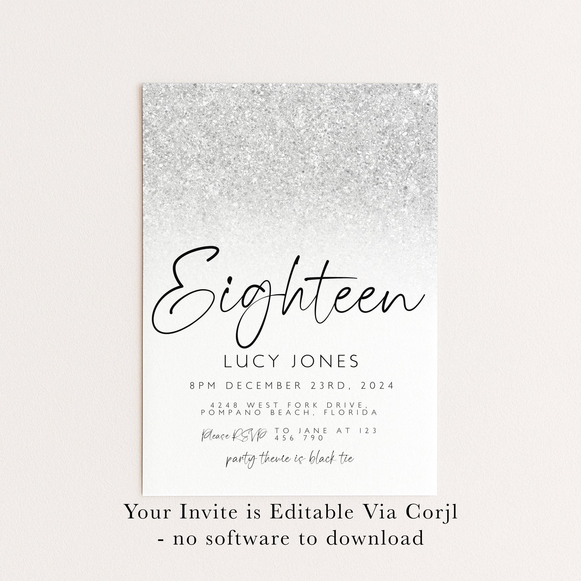 Editable 18th Birthday party Invitation 18th Invite Silver White Simple Glitter Any Age Instant Download Editable template Corjl Invitation
