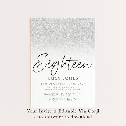 Editable 18th Birthday party Invitation 18th Invite Silver White Simple Glitter Any Age Instant Download Editable template Corjl Invitation
