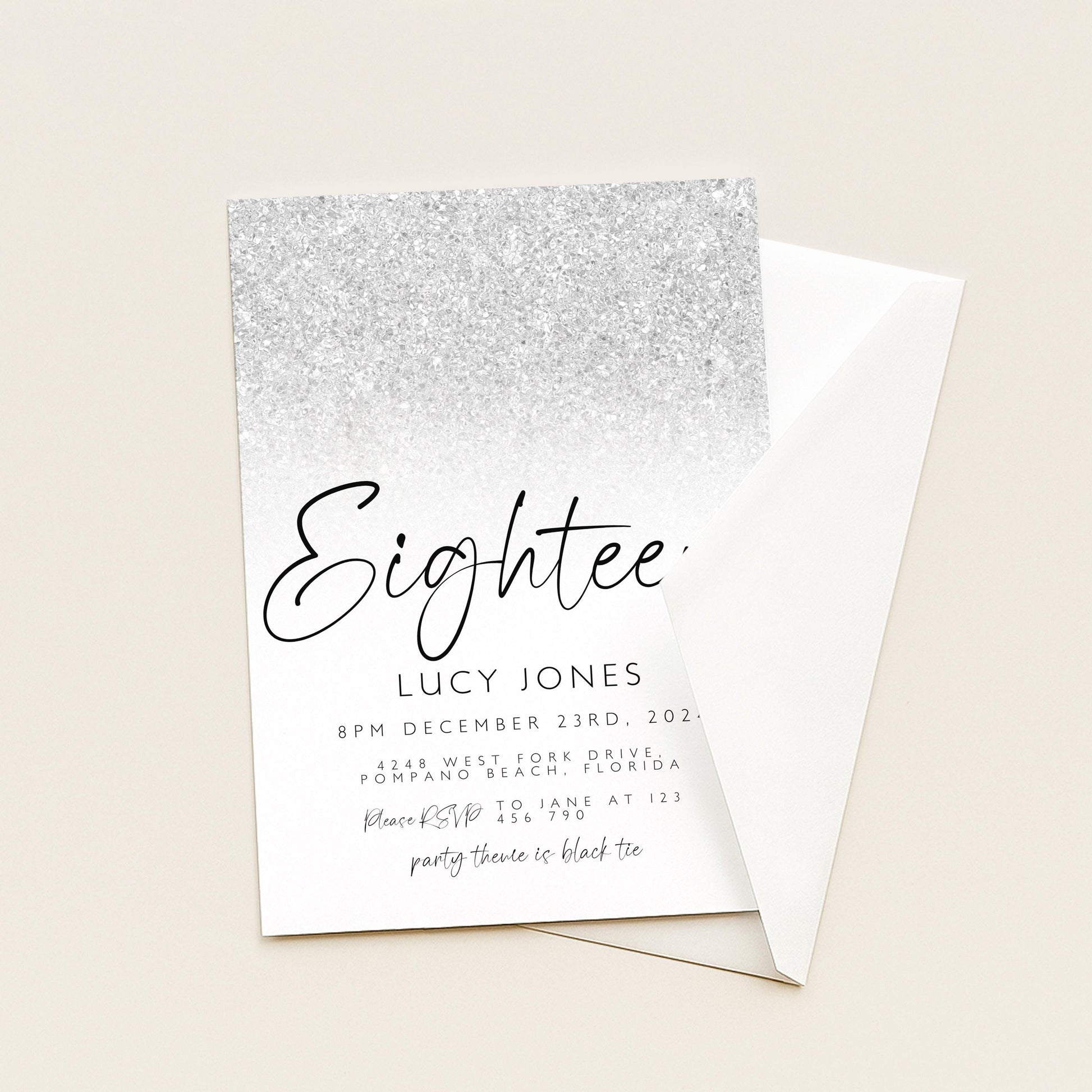 Editable 18th Birthday party Invitation 18th Invite Silver White Simple Glitter Any Age Instant Download Editable template Corjl Invitation