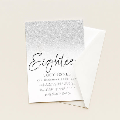 Editable 18th Birthday party Invitation 18th Invite Silver White Simple Glitter Any Age Instant Download Editable template Corjl Invitation