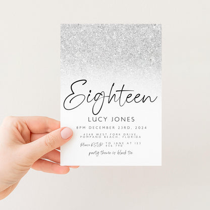 Editable 18th Birthday party Invitation 18th Invite Silver White Simple Glitter Any Age Instant Download Editable template Corjl Invitation