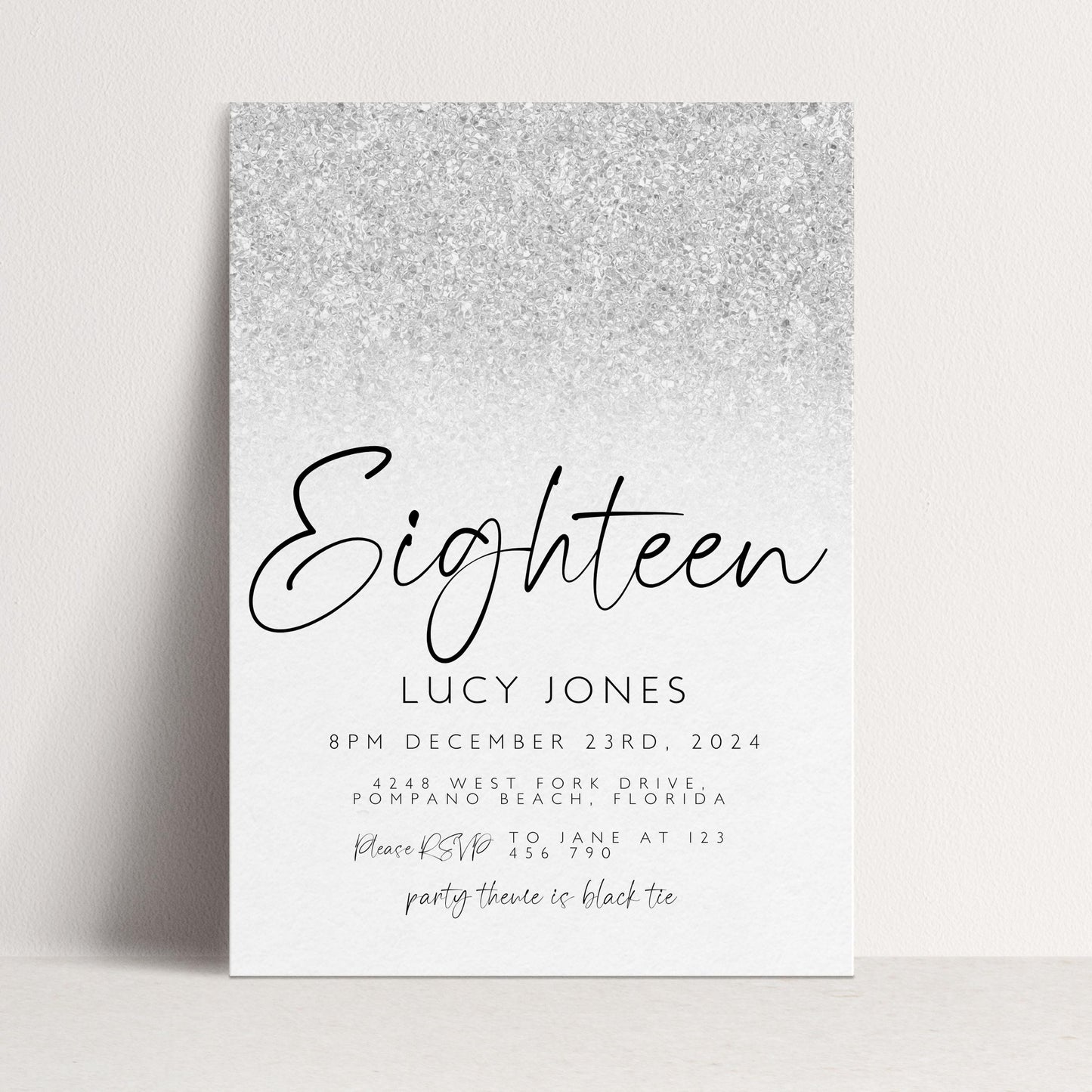 Editable 18th Birthday party Invitation 18th Invite Silver White Simple Glitter Any Age Instant Download Editable template Corjl Invitation