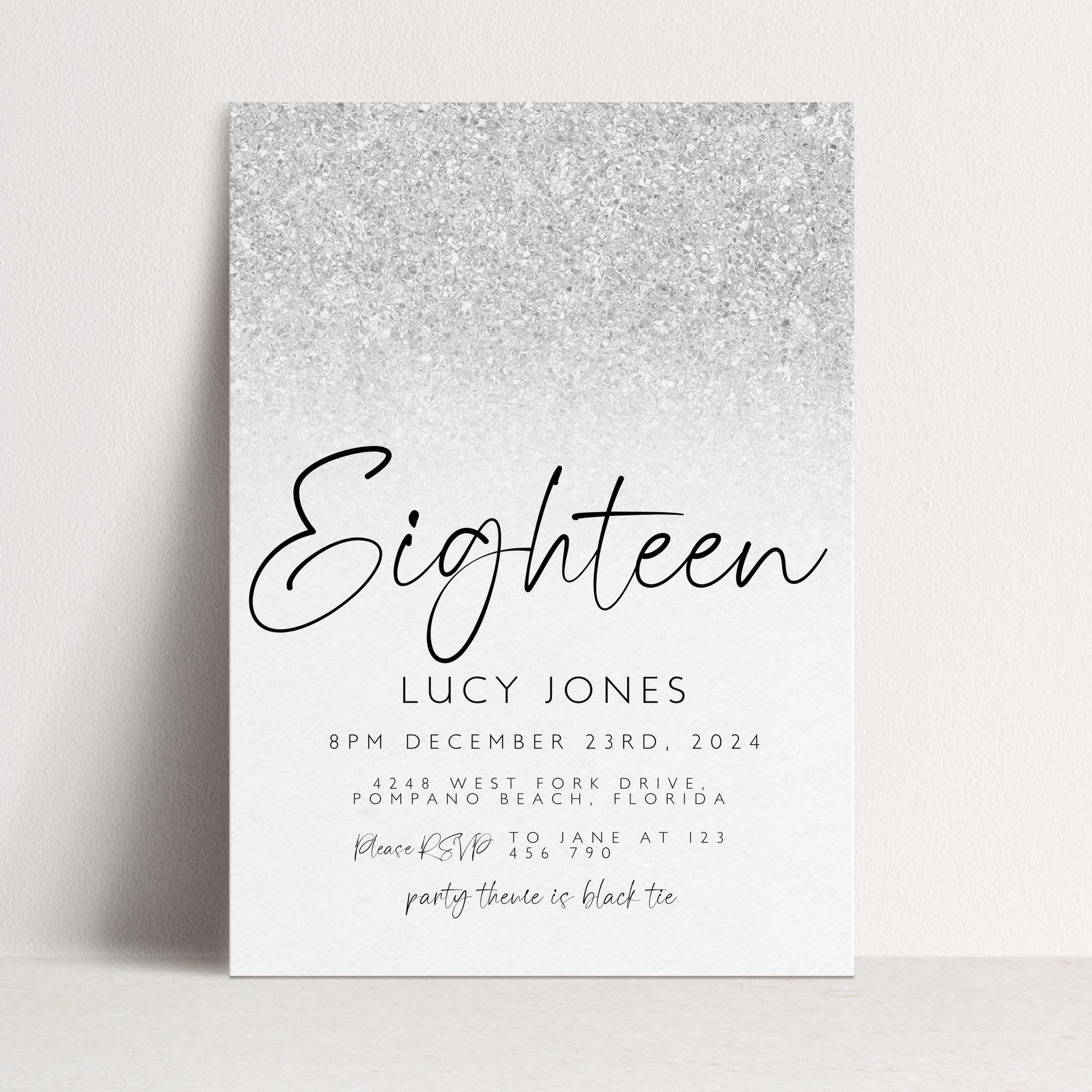 Editable 18th Birthday party Invitation 18th Invite Silver White Simple Glitter Any Age Instant Download Editable template Corjl Invitation
