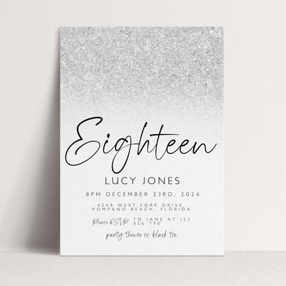 Editable 18th Birthday party Invitation 18th Invite Silver White Simple Glitter Any Age Instant Download Editable template Corjl Invitation