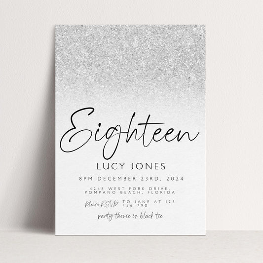 Editable 18th Birthday party Invitation 18th Invite Silver White Simple Glitter Any Age Instant Download Editable template Corjl Invitation
