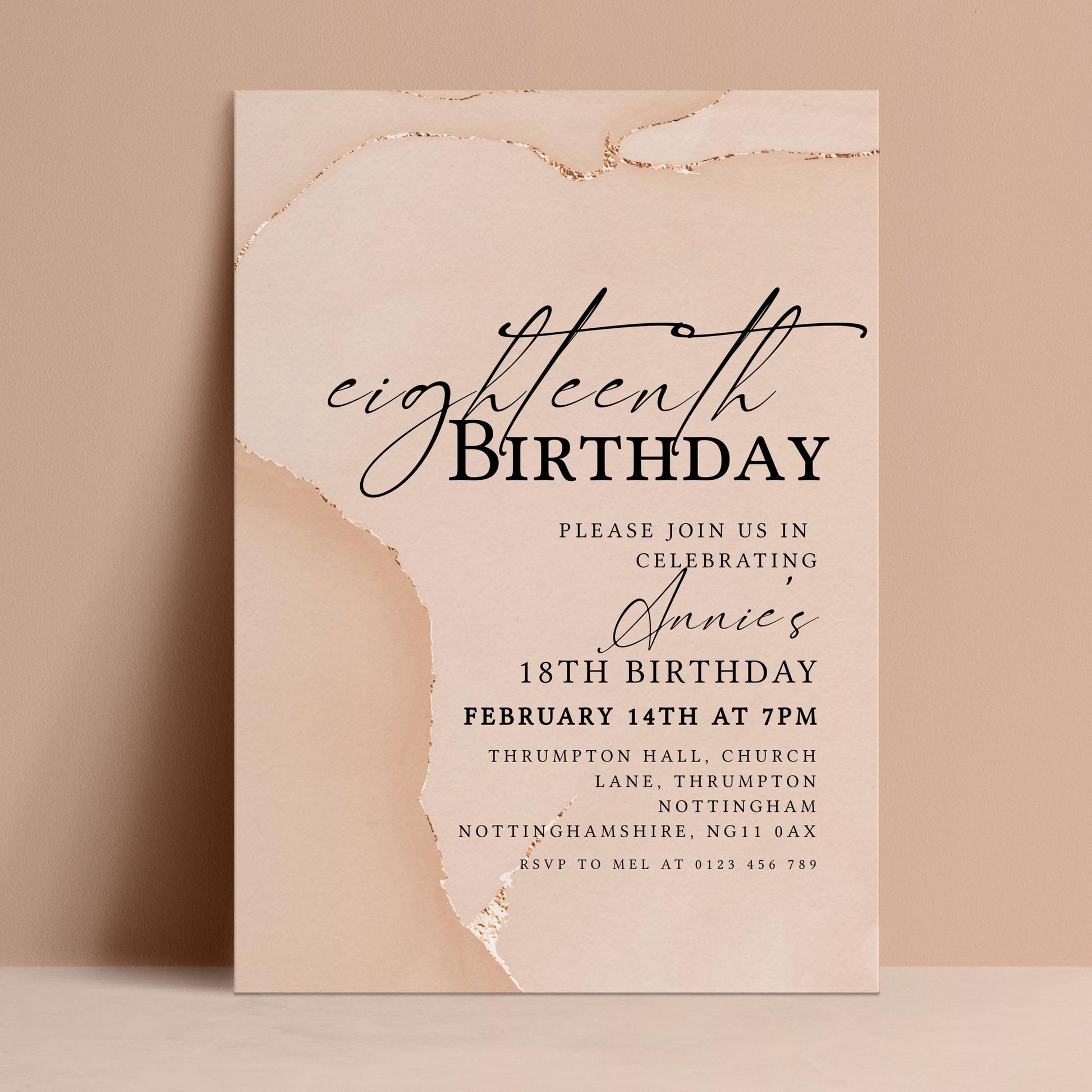 Editable 18th birthday invitation with blush watercolour agate background and gold foil edges — digital download template via Corjl