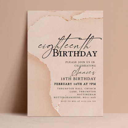 Editable 18th birthday invitation with blush watercolour agate background and gold foil edges — digital download template via Corjl